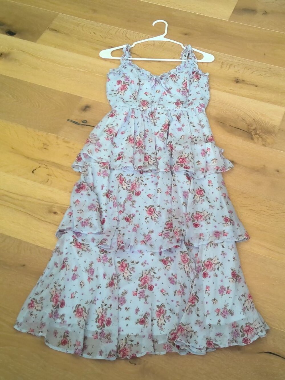 Blue Floral Tiered Midi Dress Pink Flowers Spaghetti Straps Size Small